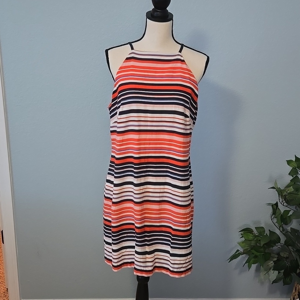 TOMMY HILFIGER Linen Halter Sheath Midi Dress Sz 12 Colorblock Preppy Collegiate
